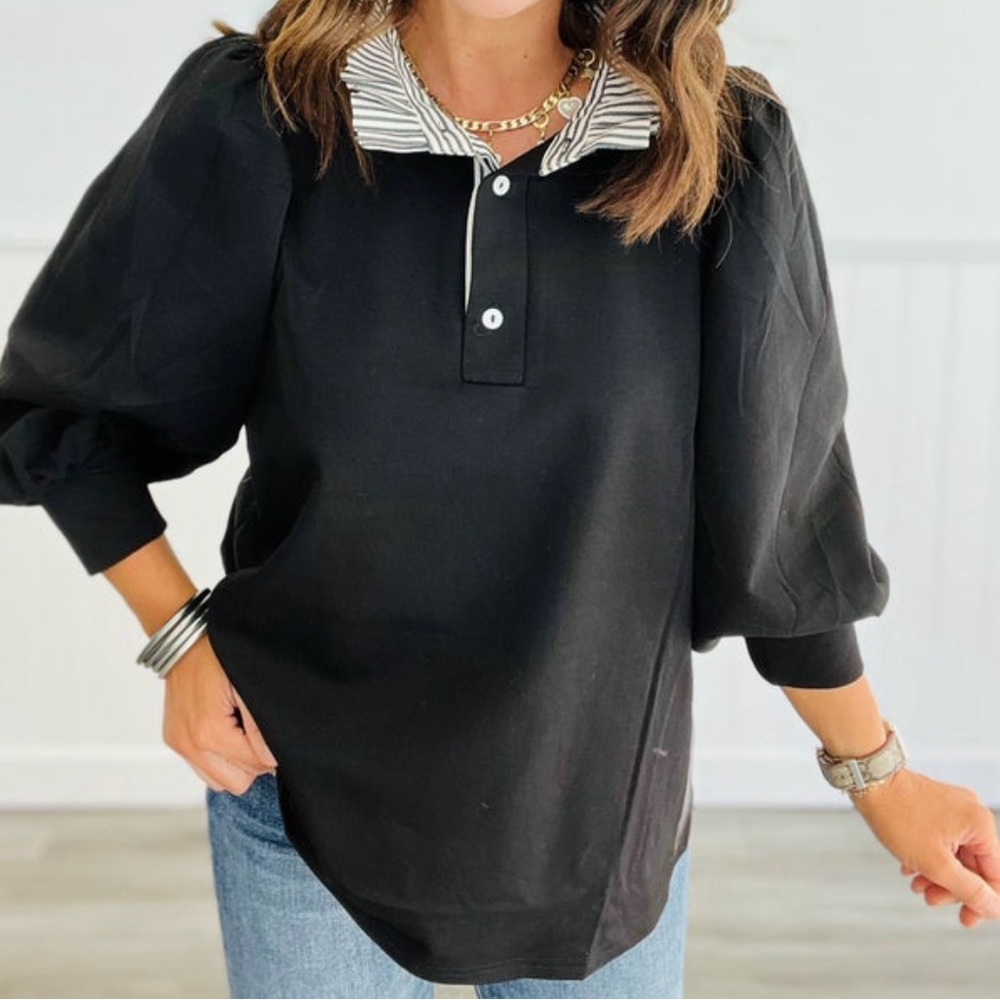 Entro Black Blouse with Striped Collar